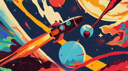 Illustration with retro vibes portraying a rocket ascending through swirling galaxies and alien realms
