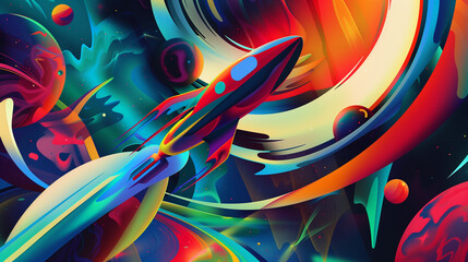 Retro illustration capturing a rocket's journey through swirling galaxies and otherworldly landscapes