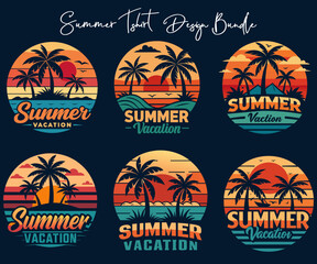 Summer vacation t shirt design bundle. Summer retro and vintage t shirt deign bundle. - obrazy, fototapety, plakaty