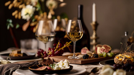 Naklejka premium Construct a refined dining setting displaying gourmet dishes, quality wine, and elegant floral arrangements.