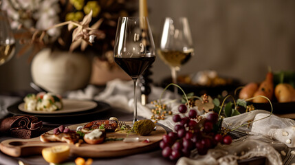 Devise an elegant dining scene portraying gourmet cuisine, premium wine, and decorative floral centerpieces.