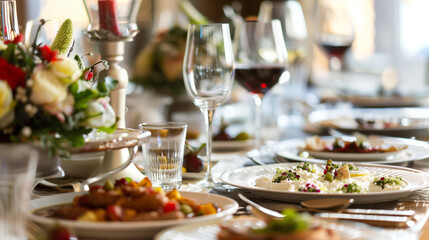 Formulate an elegant dining setup exhibiting gourmet cuisine, premium wines, and exquisite floral arrangements.