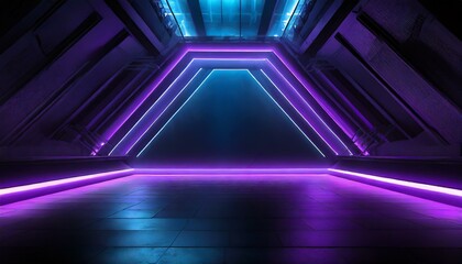 Wallpaper  Triangle tunnel or corridor sepia colors neon glowing lights. Laser lines and LED technology create glow in dark room. Cyber club neon light stage room.