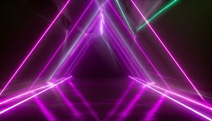 Wallpaper  Triangle tunnel or corridor sepia colors neon glowing lights. Laser lines and LED technology create glow in dark room. Cyber club neon light stage room.