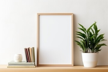 Fototapeta na wymiar A white-framed picture sits on a shelf next to a potted plant