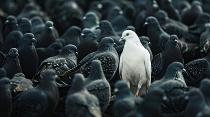 A single white bird standing in the group of black birds. symbolizing uniqueness and individuality.