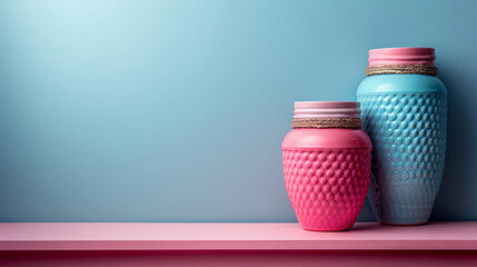 Textured Pink and Blue Vases on Pastel Shelf