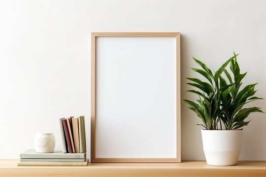 A white-framed picture sits on a shelf next to a potted plant