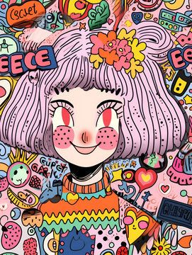 Close up, a cartoon illustration by Rebecca Doodle of a girl in the style of great beauty, mixed pattern, text and emoji device, charming character illustration, folklore