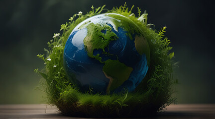 Fototapeta premium An Artistic image of globe earth portrait made up of water plants and wind. World environment day concept, green, grass