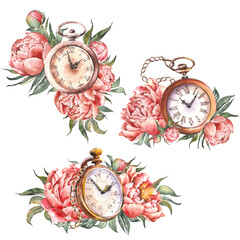 Set of vintage pocket watches with pink peony flowers. Hand painted isolated watercolor illustrations.