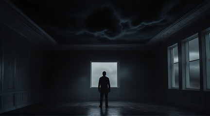 A man surrounded all around by black clouds in a room, concept photo, mental health, Darkness, dark themed, wide rear shot, empty