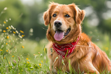 A cute dog wearing a bandana sitting in the grass, enjoying the outdoors