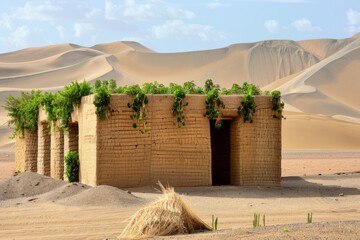 Photograph of an architecture building in the desert made from rammed earth walls with greenery on top. The background is sand dunes. - obrazy, fototapety, plakaty
