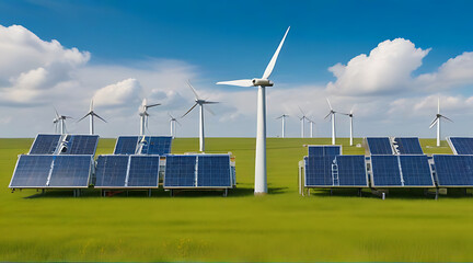 Series of Advanced battery energy storage system with wind turbines and solar panels in a large field. green energy concept, windmill