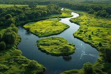 Aerial view of a winding river in a rainforest. A bird's eye view showcases the river's gentle embrace of the rainforest's vibrant green.