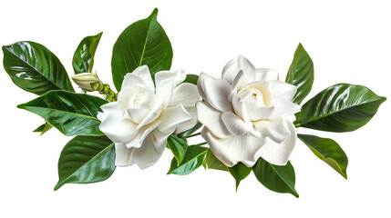 A white gardenia flower in bloom, accompanied by lush green leaves, isolated against a white background as a transparent PNG image.