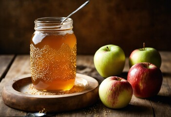 A jar of apple syrup  in a single image for our recipe website. Show off its golden, lacy texture and the perfect balance. Make our readers crave a bite - obrazy, fototapety, plakaty