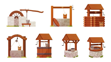 Water wells set. Wooden and stone old rural deep wells with bucket on rope for fresh drink and crank pulley, ancient brick structure in village farm garden or desert cartoon vector illustration