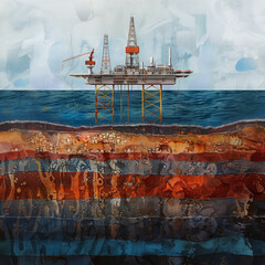 oil platform at sea with a cross section of rock strata layers underground below the seabed - obrazy, fototapety, plakaty