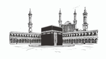 Kaaba and masjid prophetic pencil drawing flat vector - obrazy, fototapety, plakaty