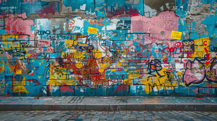 Graffiti-covered walls featuring colorful spray paint art in varied styles. A vibrant and dynamic urban art form showcasing creativity and expression.