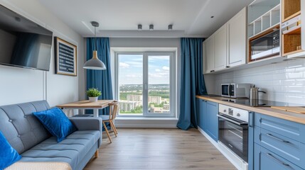 Chic scandinavian studio  light pastel design with spacious window, living area, kitchen, and bed