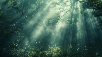 Enchanting misty forest with sunlight shining through, creating a magical atmosphere of wonder and mystery. - obrazy, fototapety, plakaty