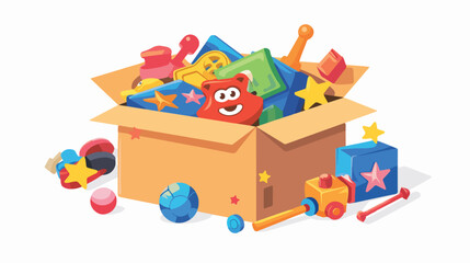 Kid toys collected in box. Cartoon vector illustration