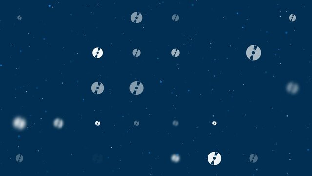 Template animation of evenly spaced cd symbols of different sizes and opacity. Animation of transparency and size. Seamless looped 4k animation on dark blue background with stars