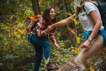 Happy women help while hiking up a rocky mountain in nature with backpack. Females friends exercise in nature park climbing and jumping while with sportswear training or trekking together outdoors - 786264586