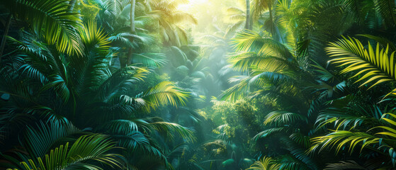 Vibrant panorama of a dense and wild jungle, filled with lush greenery, towering palm trees, and exotic tropical plants