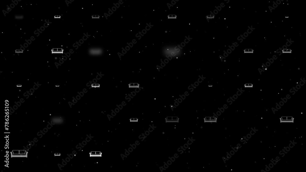 Poster template animation of evenly spaced sofa icons of different sizes and opacity. animation of transpar