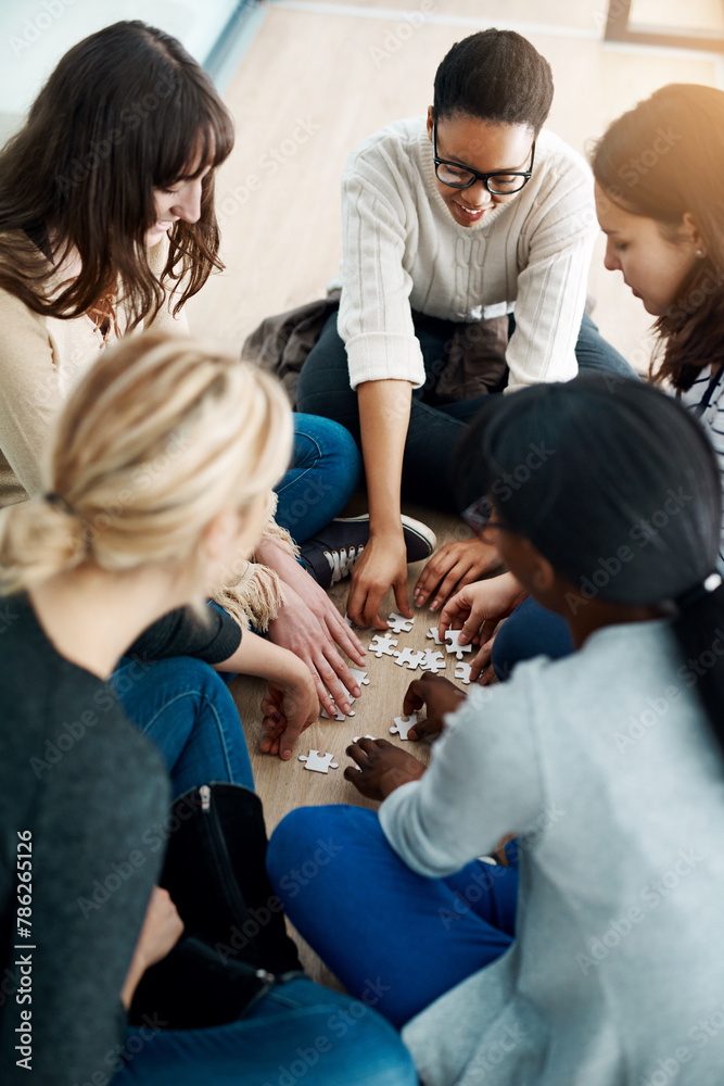 Poster diversity, group and puzzle on floor with teamwork, support and solution for problem. partnership, s