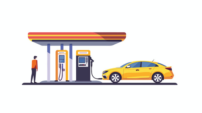 Gas station with man fuelling car. Flat vector illustration