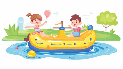 Girl and boy kids playing with toy ship floating