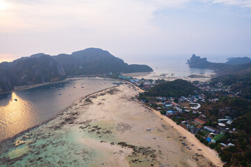Aerial view big low tide in Andaman Sea, Phi Phi island from drone in Province of Krabi, travel...