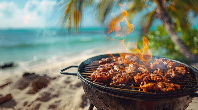 BBQ grills on the tropical beach background, vacation concept