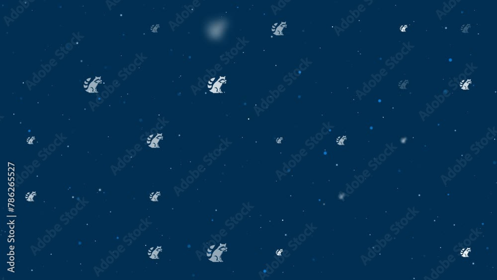 Poster template animation of evenly spaced raccoon symbols of different sizes and opacity. animation of tra