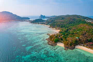 Aerial view big low tide in sea Phi Phi island, Thailand