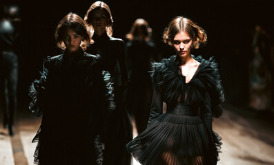 Young female models walk the Runway in new designer gorgeous flowing black dress at fashion show. Fashionable Female Model in Designer Outfit, 
