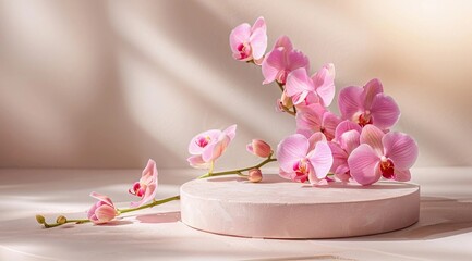Cosmetic backdrop for spa treatments on light background. Light atmosphere, orchids, stone for products. The concept of beauty and health care. Quiet luxury.