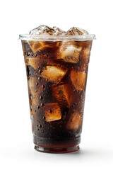 A refreshing iced coffee served in a plastic takeaway glass, isolated on a plain white background.