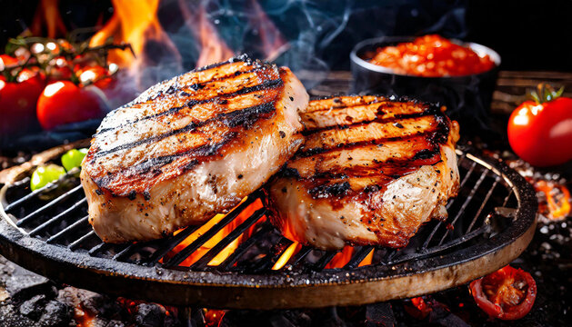 Lebensmittel, Speisen, zwei Putensteak auf einem Holzkohlengrill mit gl&uuml;hender Holzkohle, KI generiert