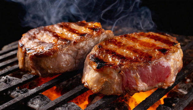 Lebensmittel, Speisen, zwei Schweinesteak auf einem Holzkohlengrill mit gl&uuml;hender Holzkohle, KI generiert
