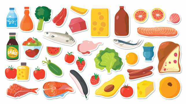 Groceries food products set sticker. Shopping supermar