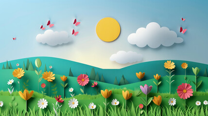 Field with flowers and butterflies in the sky