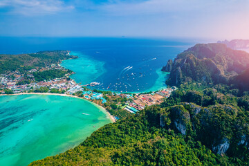 Aerial view Phi Phi island with turquoise clear water , Krabi Province. Amazing travel photo...