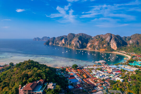 Aerial view Phi Phi island with turquoise clear water , Krabi Province. Amazing travel photo Thailand tropical paradise by drone