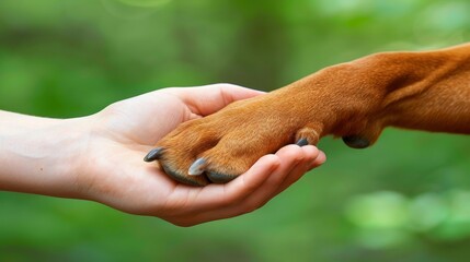 Emotional connection  human hand and dog paw gently touch, symbolizing love and friendship bond